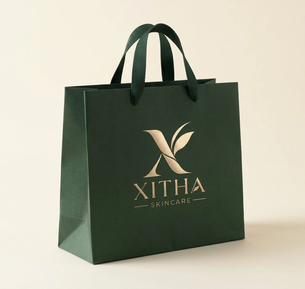Bolsa de presentación XITHA Skincare en verde y dorado